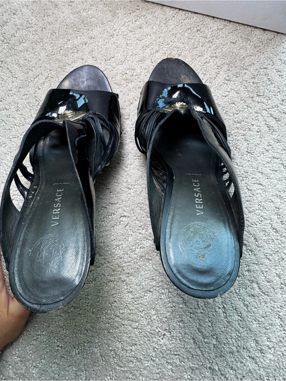Versace Black Patent Leather and Wooden Platform Medusa Sandals Size 36
